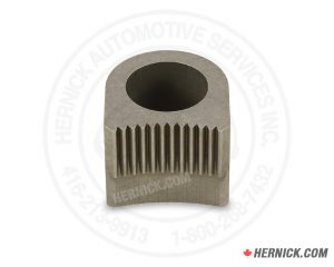 Small heavy-duty steel arm restraint engagement gear and pawl with toothed engagement surfaces.