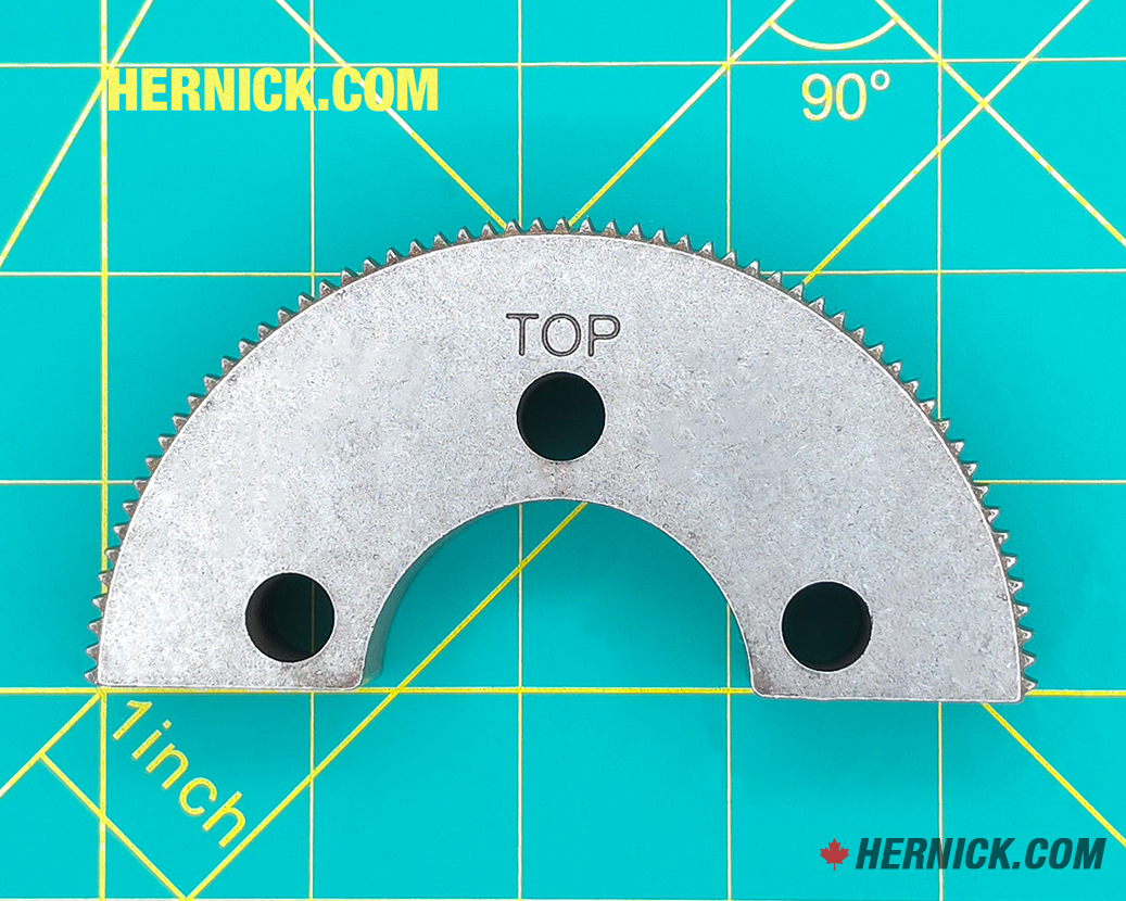 Heavy-duty half-moon steel arm restraint gear with a toothed outer edge and mounting holes on a green background with yellow grid markings.