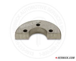 Heavy-duty half-moon steel arm restraint gear with a toothed outer edge and mounting holes.