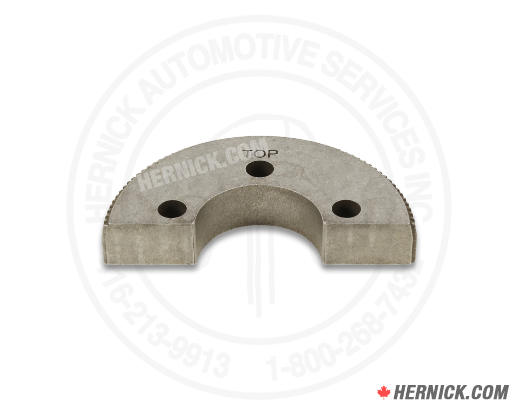 Heavy-duty half-moon steel arm restraint gear with a toothed outer edge and mounting holes.
