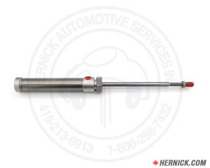Long pneumatic air lock cylinder with a cylindrical metal body, extended steel piston rod and air connection port with red plastic coverings.
