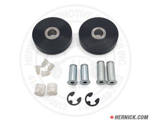 Rotary bridge jack wheel replacement kit with two black urethane roller wheels, white nylon bearings and bumpers, steel wheel pins and shafts, and retaining snap rings arranged together on a white background.