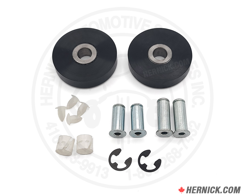 Rotary bridge jack wheel replacement kit with two black urethane roller wheels, white nylon bearings and bumpers, steel wheel pins and shafts, and retaining snap rings arranged together on a white background.
