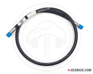 Coiled black reinforced 3/8-inch hydraulic lift hose measuring approximately 58 inches long with crimped metal end fittings