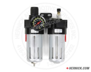 two-piece 3/8-inch compressed-air filter, pressure regulator and lubricator assembly with adjustment knob and transparent air treatment bowls.