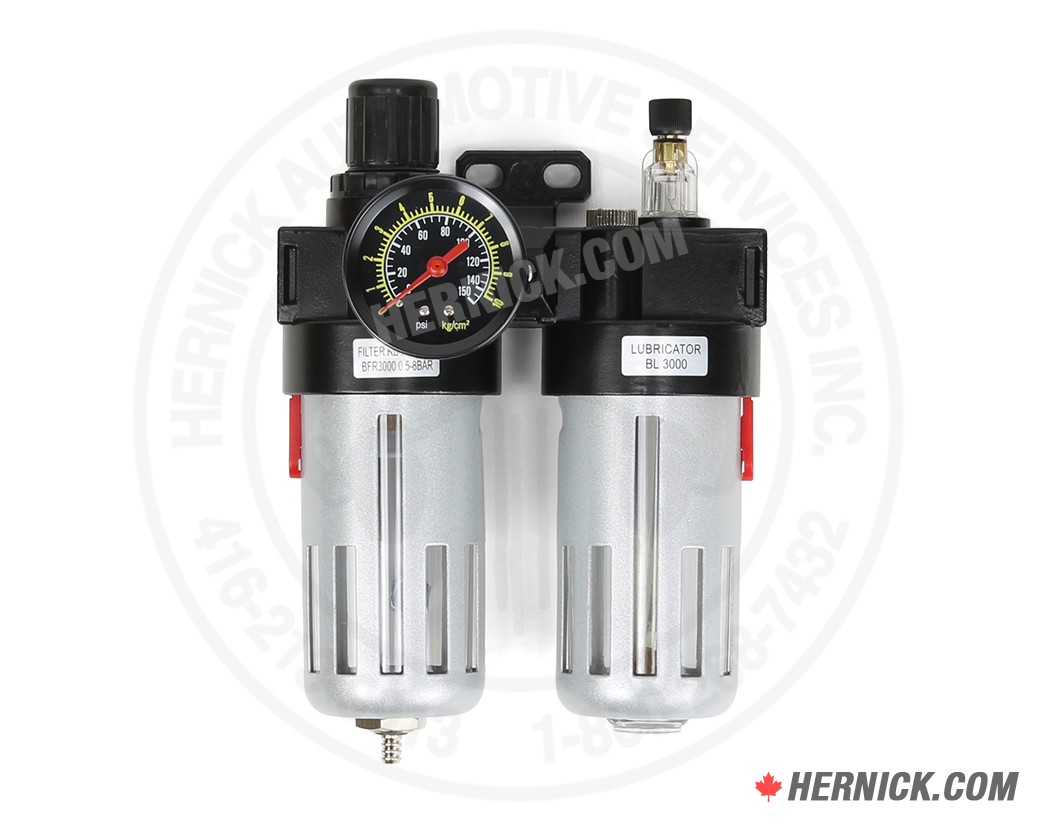 two-piece 3/8-inch compressed-air filter, pressure regulator and lubricator assembly with adjustment knob and transparent air treatment bowls.
