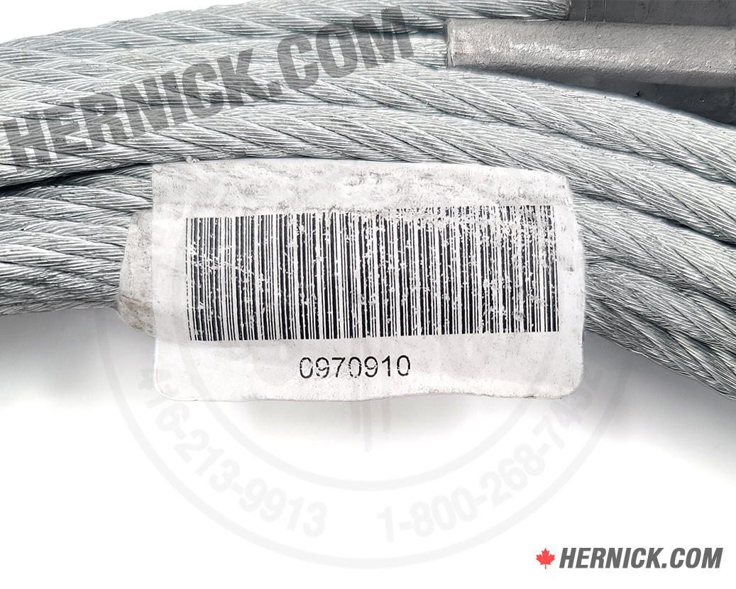 Close up of the OEM label on a 0970910 heavy-duty steel equalizing cable with threaded adjustment ends for a Forward INT9 two-post automotive lift