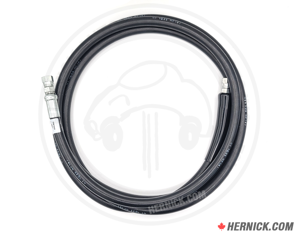 Coiled black reinforced hydraulic hose with crimped hydraulic fittings on both ends