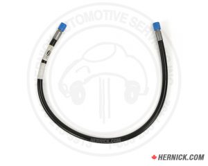 Black hydraulic hose in a 'U' shape with blue plastic fittings on both ends.