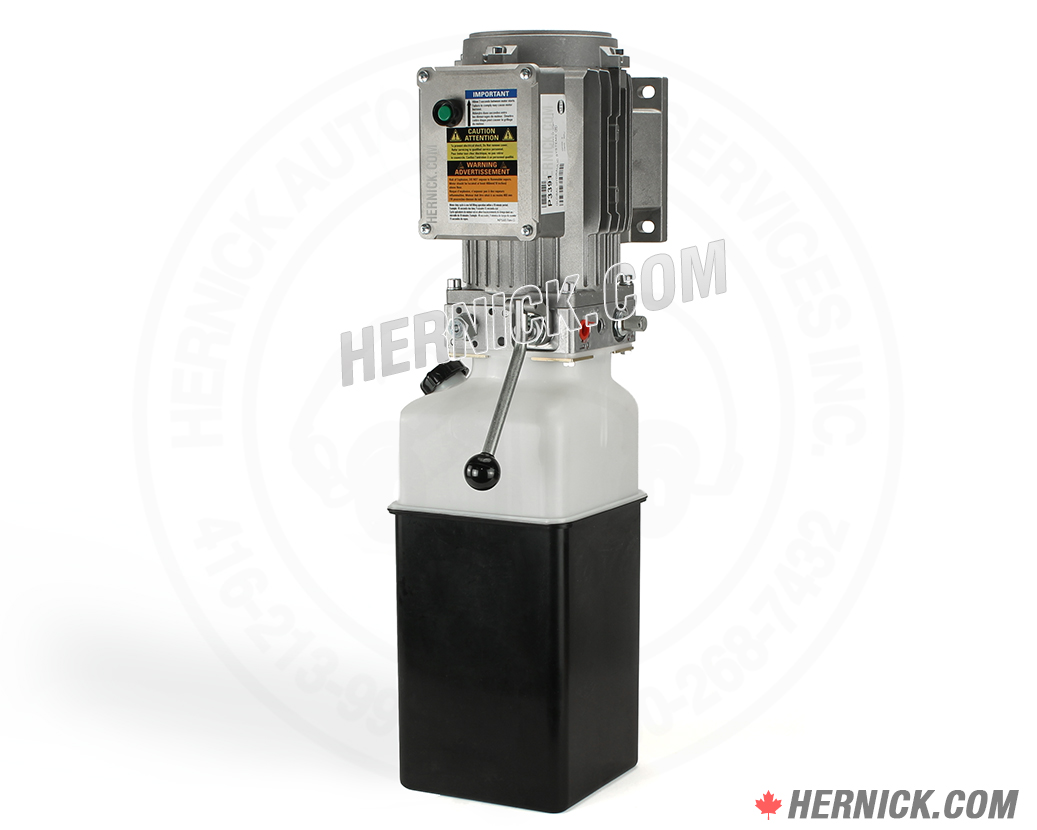 Complete Rotary P3391 hydraulic power pack featuring an electric motor mounted to a hydraulic pump and black 14L reservoir assembly with control valve, electrical connections, and hydraulic fittings.