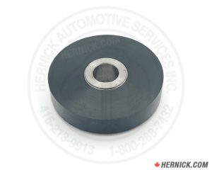 Black urethane roller wheel with a thick round profile and centre bore.