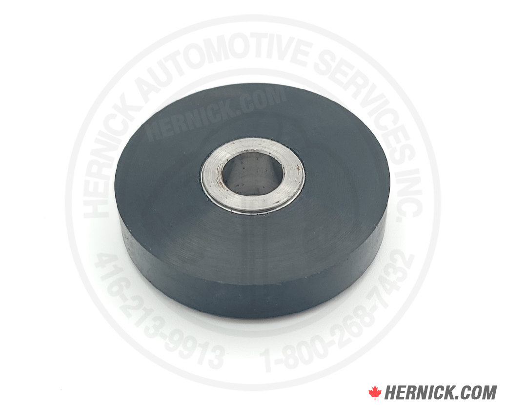 Black urethane roller wheel with a thick round profile and centre bore.