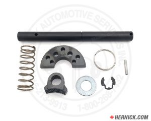 Rotary arm restraint retrofit kit containing a steel restraint gear, pawl, actuator pin, spring, bushing, retaining ring, spring pin, and actuator handle, arranged together on a white background.