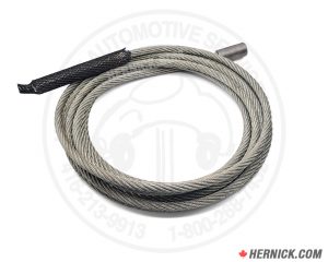 Coiled steel lift cable with metal end fittings on both ends.