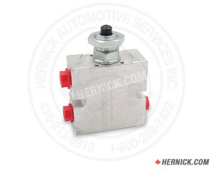 hydraulic manifold valve made from steel with red threaded ports