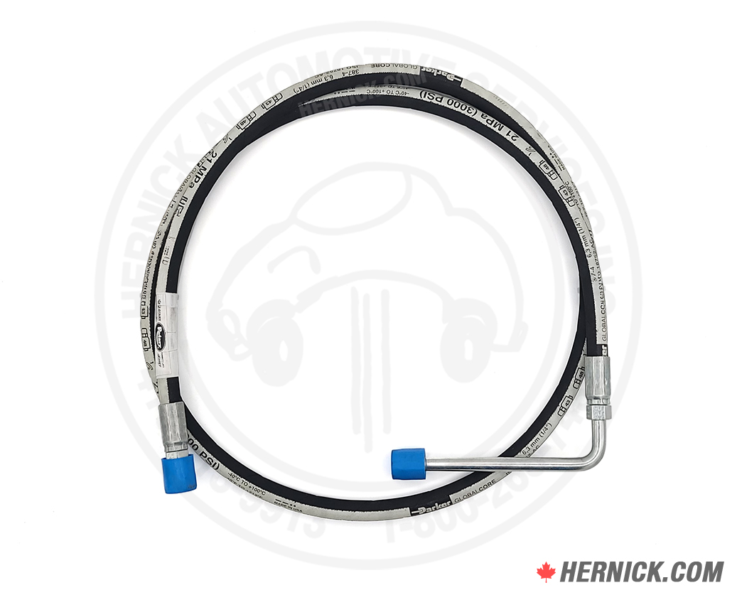 Coiled black hydraulic hose with metal fittings on both ends with blue plastic caps.