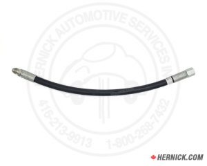 Horizontal black hose with two metal fittings on the ends.