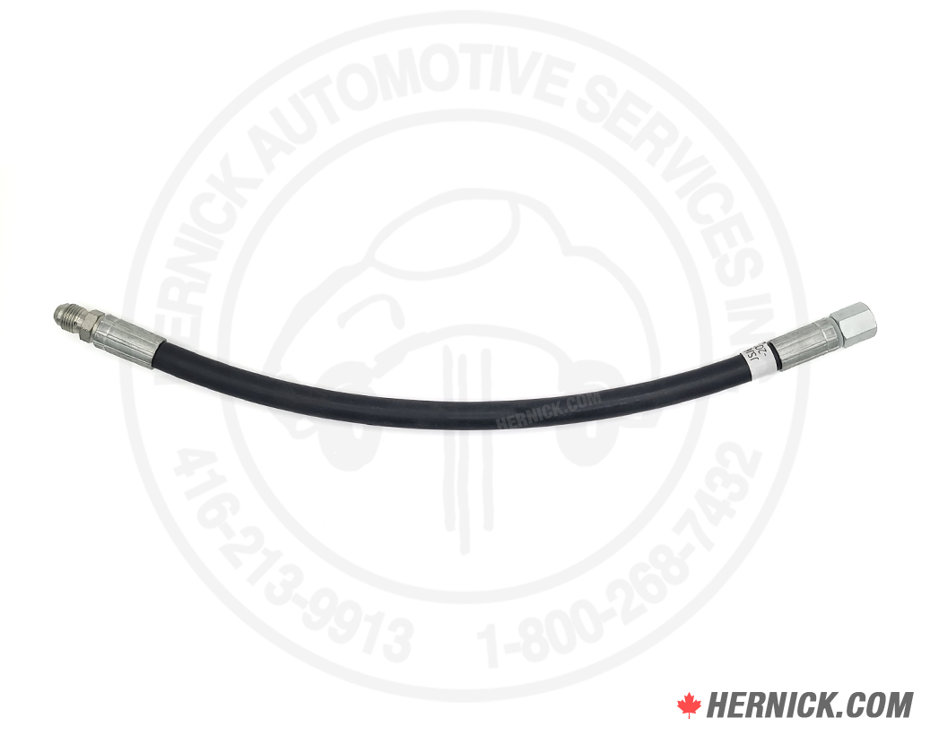 Horizontal black hose with two metal fittings on the ends.