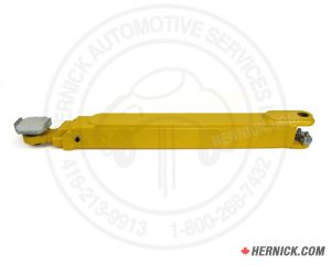 Yellow heavy-duty welded steel automotive lift swing arm assembly with an installed lift adapter and arm pin.