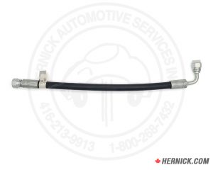 Horizontal black hose with metal fittings on both ends