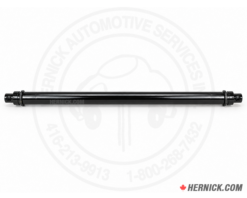 long steel hydraulic ram cylinder measuring approximately 2 inches by 68 inches for compatible automotive lift applications.
