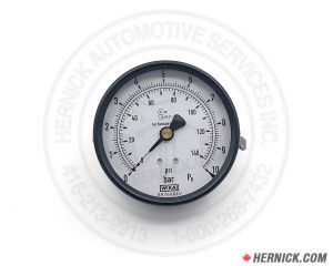 Round 3 inch pressure gauge with a white dual-scale dial displaying PSI and bar markings, black pointer and a black outer case.
