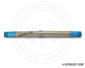 Flexible stainless steel braided hose with blue threaded fittings on both ends.