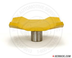 Yellow steel lift adapter weldment with a 5-1/2 inch square top platform and a 1-1/4 inch diameter mounting pin extending from the bottom.