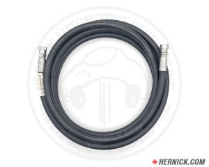 Coiled black high-pressure hydraulic hose with factory-crimped steel fittings on both ends, designed for Forward two-post lifts, shown isolated on a white Hernick branded background