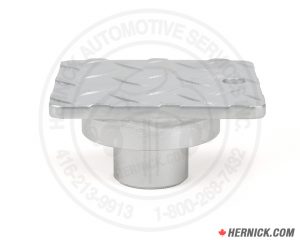 Heavy-duty pad style lifting adapter with a rectangular 4 inch by 4-1/2 inch vehicle contact surface and metal mounting base.