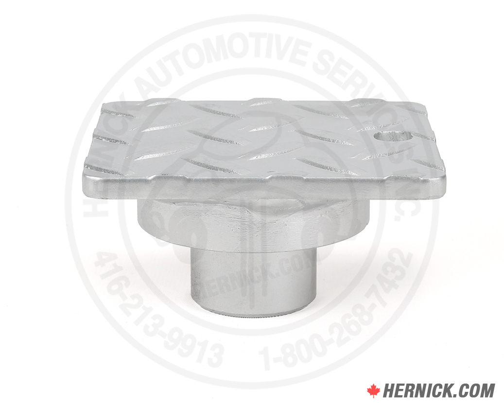 Heavy-duty pad style lifting adapter with a rectangular 4 inch by 4-1/2 inch vehicle contact surface and metal mounting base.