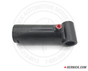 Heavy-duty black steel hydraulic cylinder with a cylindrical body, red hydraulic port, and mounting ends