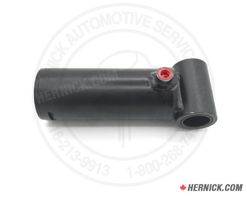 Heavy-duty black steel hydraulic cylinder with a cylindrical body, red hydraulic port, and mounting ends