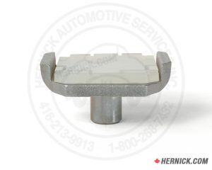 Heavy-duty welded steel stack pad adapter fitted with a semi opaque white urethane lifting pad and a 1-1/4 inch diameter mounting pin.