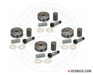 Branick BK8492K4 four-pack bridge jack roller repair kit with four rollers, four roller bars, four sleeve bushings, four shoulder screws, four springs, and eight nylon washers for a Branick 8900 bridge jack.